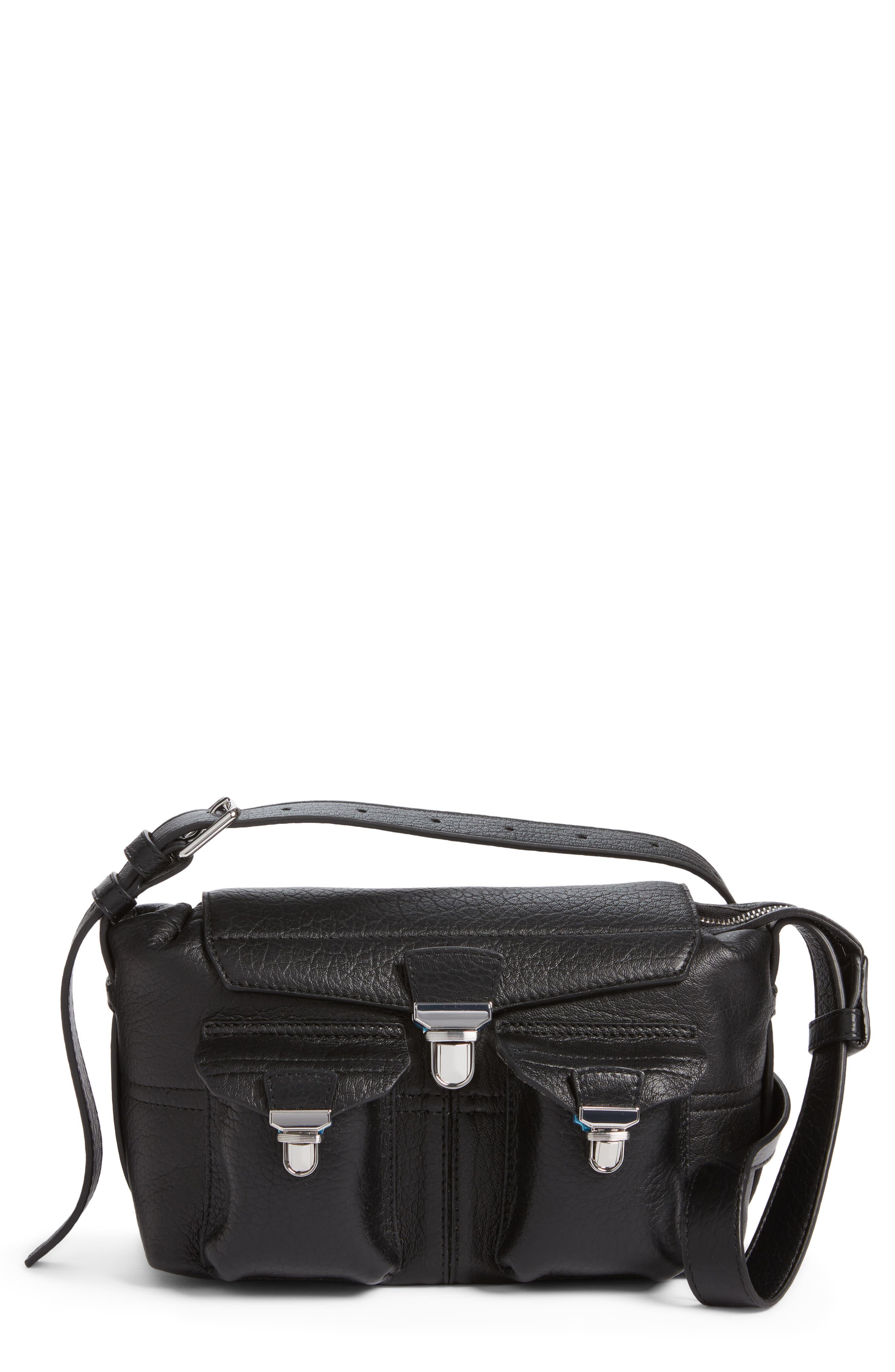 Mini Soft Gear Leather Shoulder Bag, Main, color, BLACK