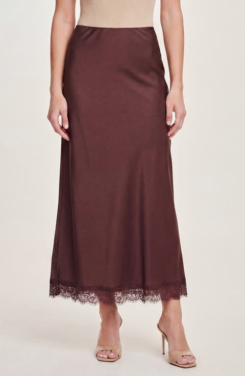 Lace Trim Satin Maxi Skirt