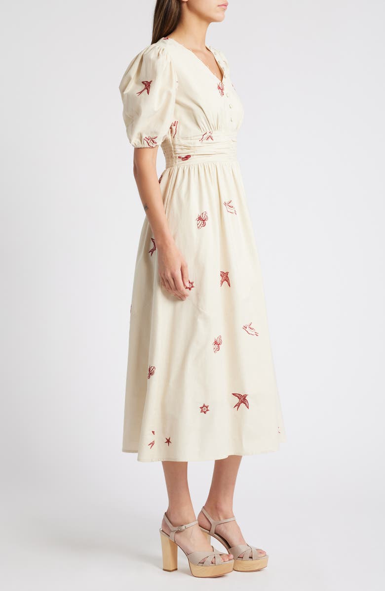 CIEBON Lexi Embroidered Puff Sleeve Cotton Dress, Alternate, color, Ivory/ Red