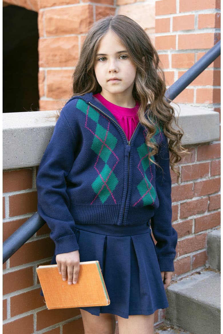 Kids' Organic Full Zip Hoodie Sweater, Alternate, color, Navy Argyle