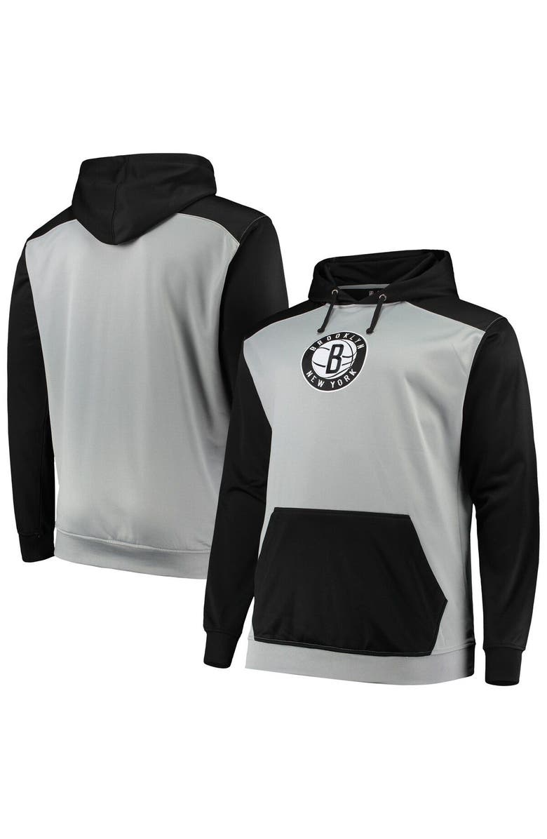 PROFILE Men's Gray/Black Brooklyn Nets Colorblock Raglan Pouch Pullover Hoodie, Main, color, 