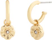 COACH Tea Rose Flower Drop Huggie Hoop Earrings