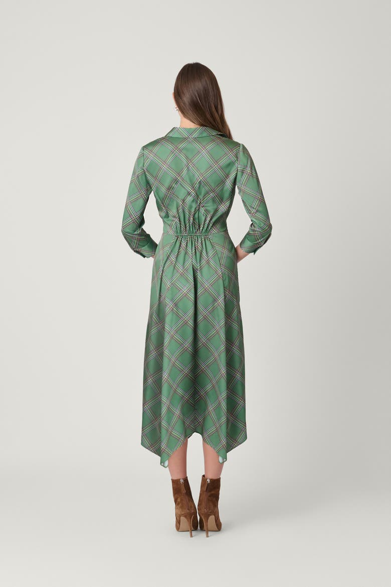Dashed Plaid Satin Charmeuse Laine Dress, Alternate, color, Olive Multi