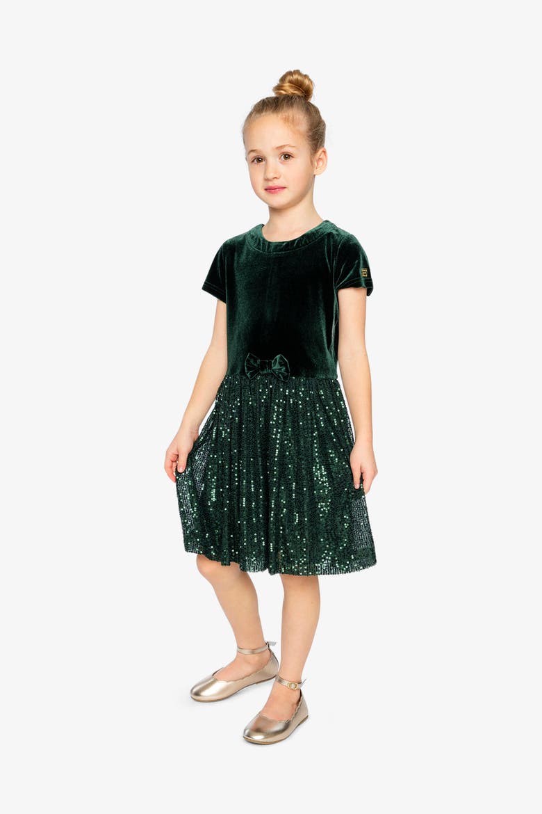 Bi-Material Bow Belt Glitter Mesh Short Sleeve Dress, Alternate, color, Green Forest