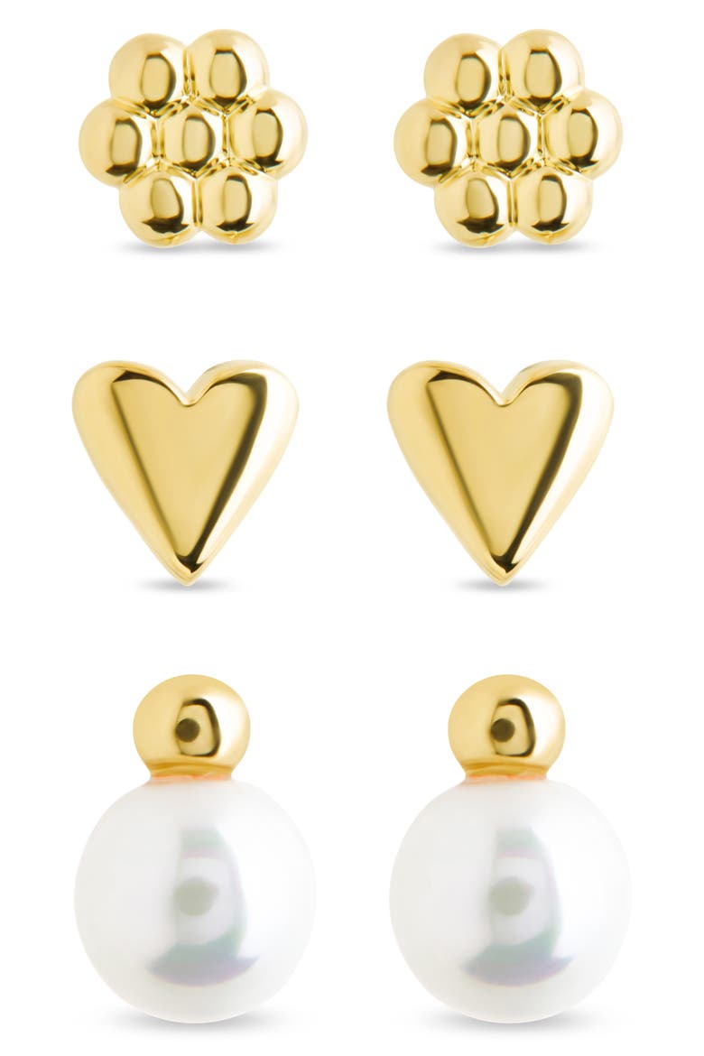 Irene Faux Pearl Set of 3 Assorted Stud Earrings, Alternate, color, GOLD