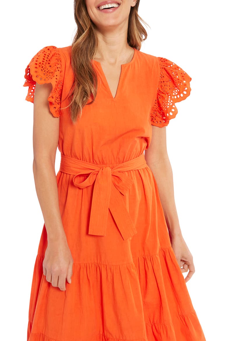 Eyelet Flutter Sleeve Tiered Midi Dress, Alternate, color, ORANGE