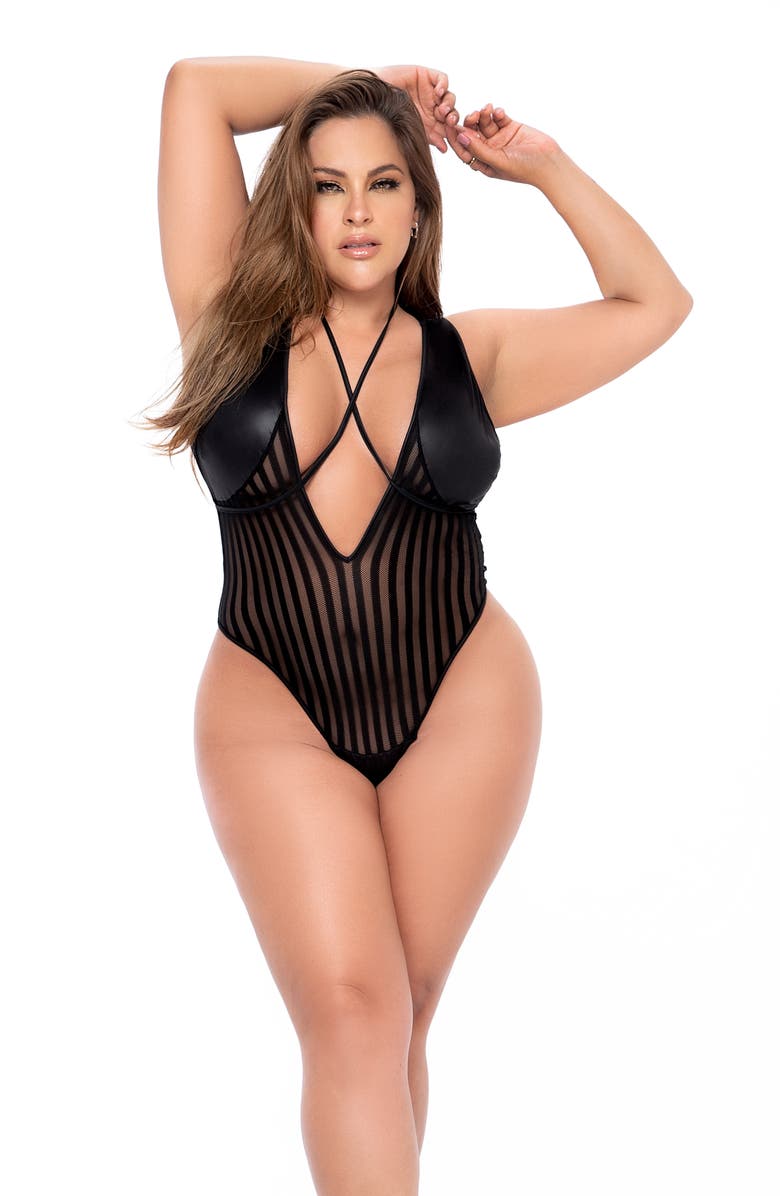 Mapale Stripe Mesh Bodysuit with Removable Garter Straps, Alternate, color,