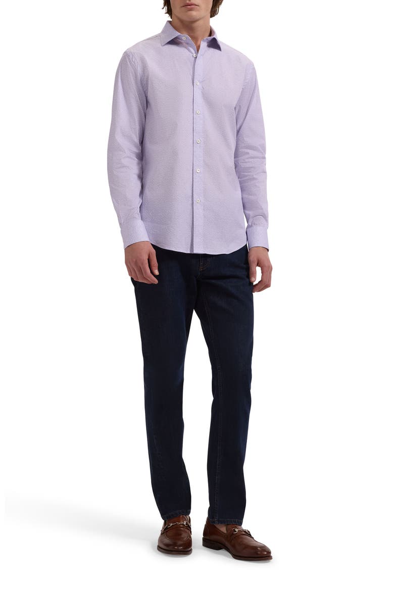 Axel Shaped Fit Geo Print Stretch Cotton Button-Up Shirt, Alternate, color, LILAC