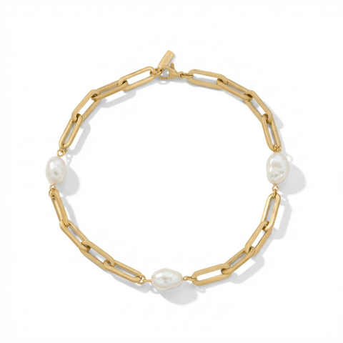 Aviv Anklet 18k Gold Plated 10" 8mm Paperclip and Freshwater Pearl