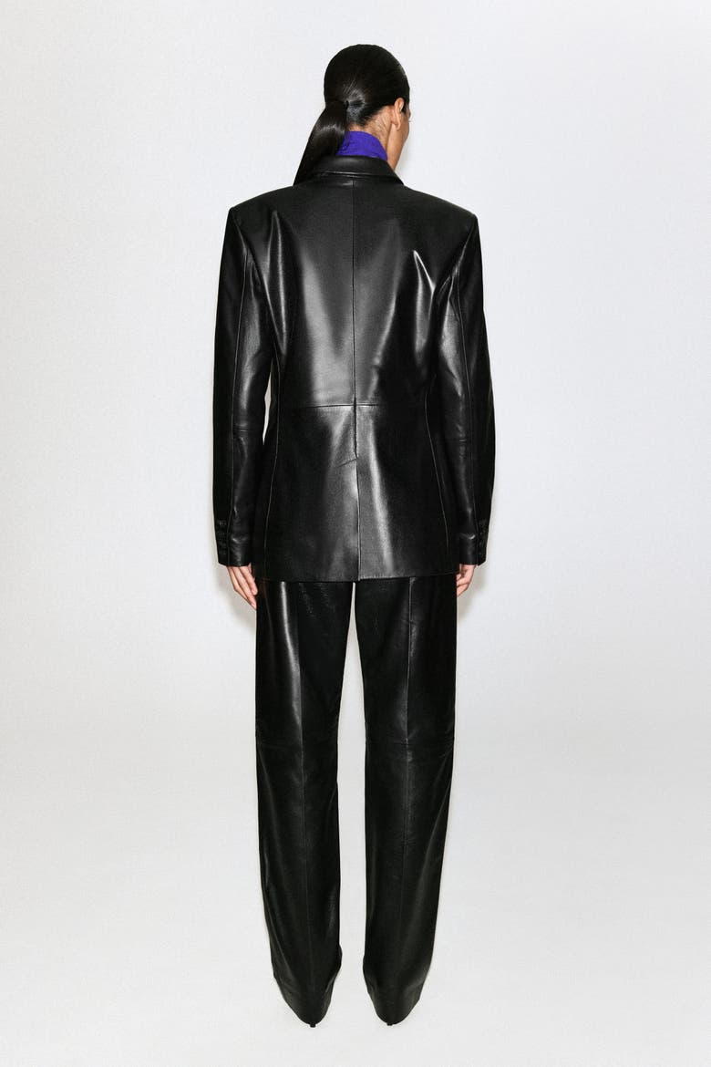Leather Double-Breasted Blazer, Alternate, color, BLACK