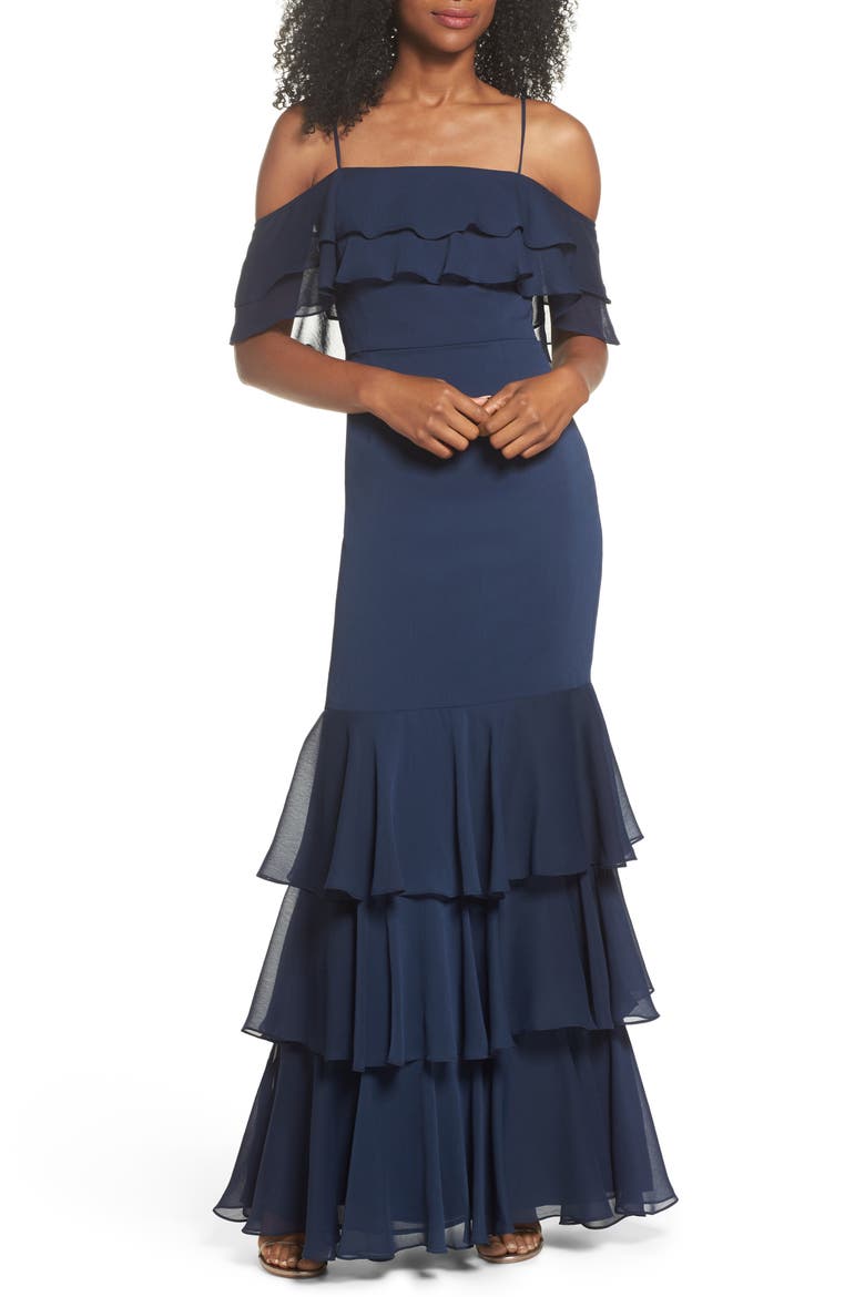 Lauren Cold Shoulder Tiered Gown, Main, color, NAVY