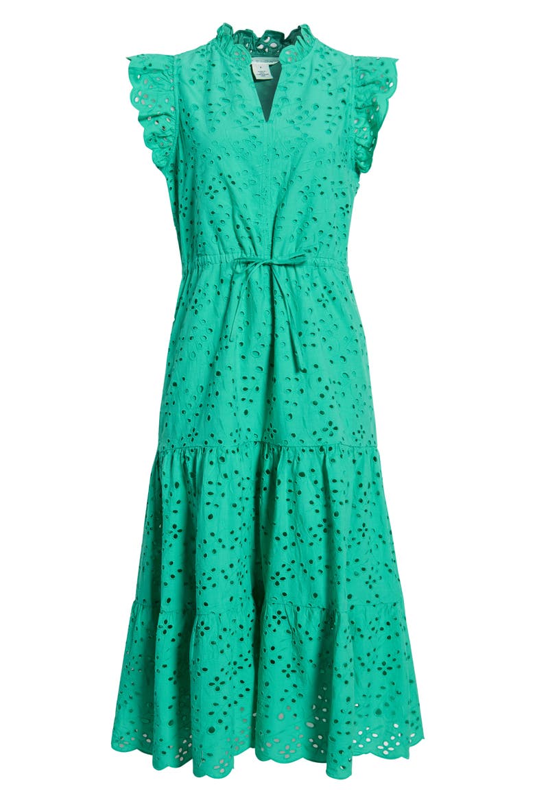 Ruffle Flutter Sleeve Cotton Broderie Anglaise Midi Dress, Main, color, GREEN EASE