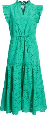 Caslon® Ruffle Flutter Sleeve Cotton Broderie Anglaise Midi Dress