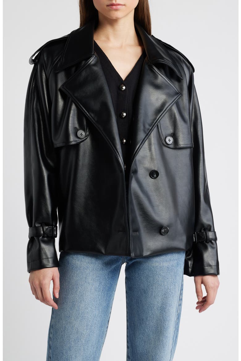 Tie Waist Faux Leather Trench Coat, Alternate, color, BLACK