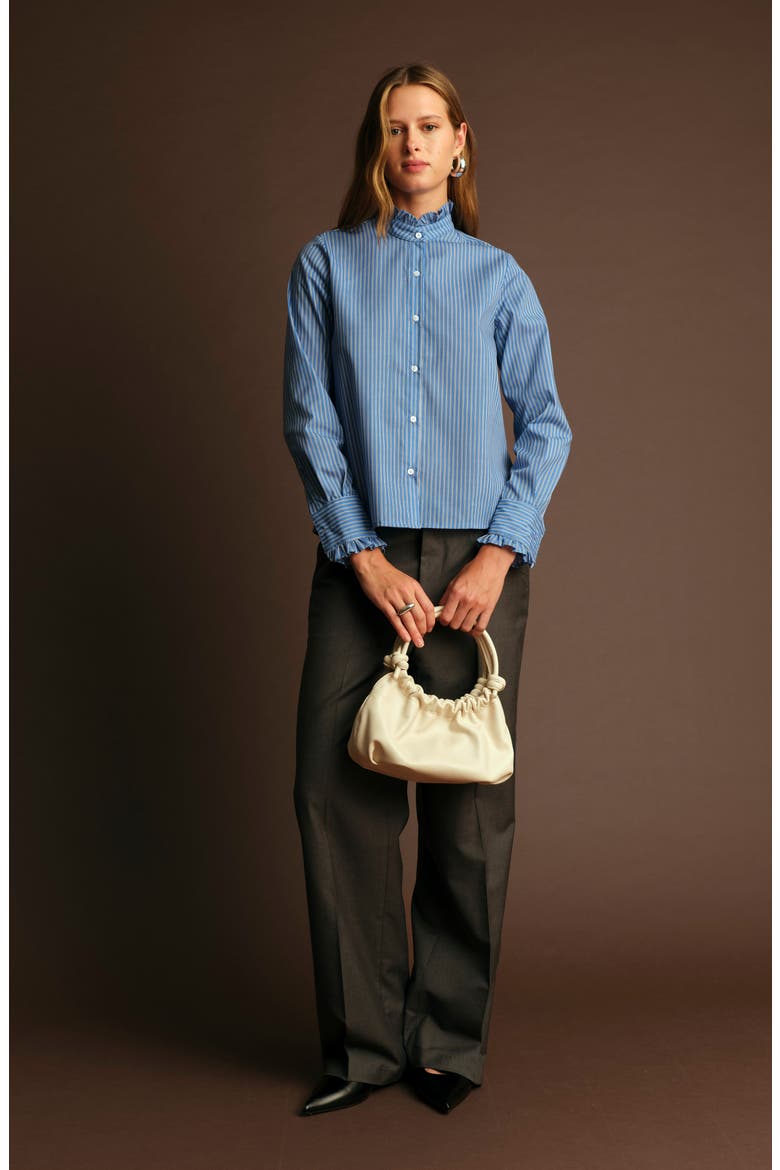Oscar Ruffle Trim Stripe Cotton Blend Button-Up Shirt, Alternate, color, LIGHT BLUE