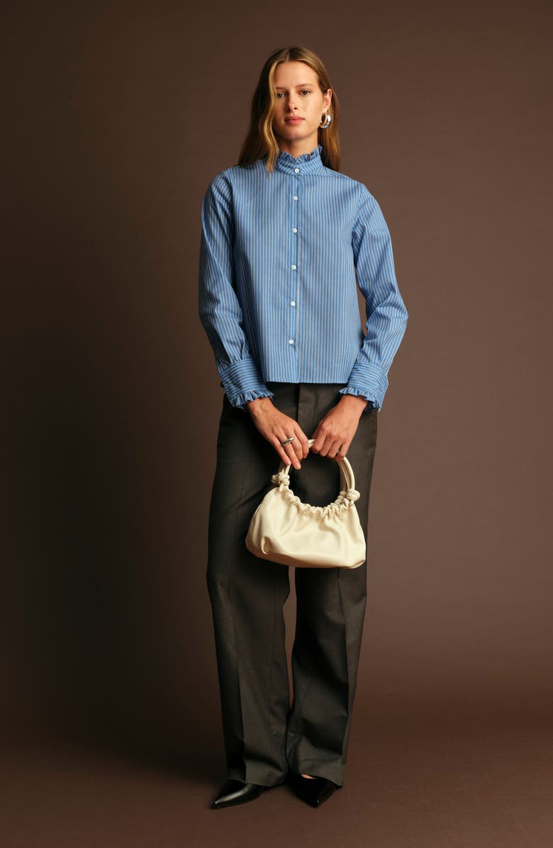 DELUC Oscar Ruffle Trim Stripe Cotton Blend Button-Up Shirt, Alternate, color, Light Blue