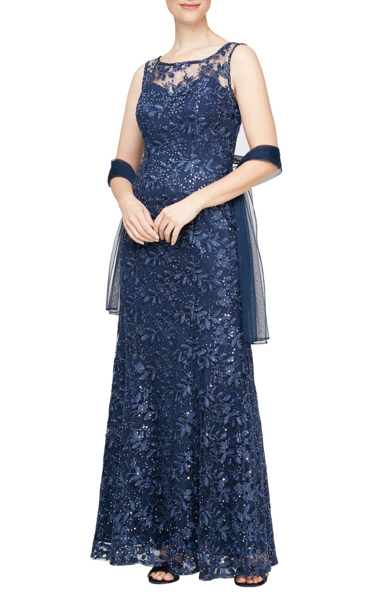 Alex Evenings Embroidered Illusion Neck Evening Gown with Shawl, Main, color, 