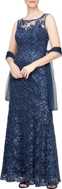 Alex Evenings Embroidered Illusion Neck Evening Gown with Shawl