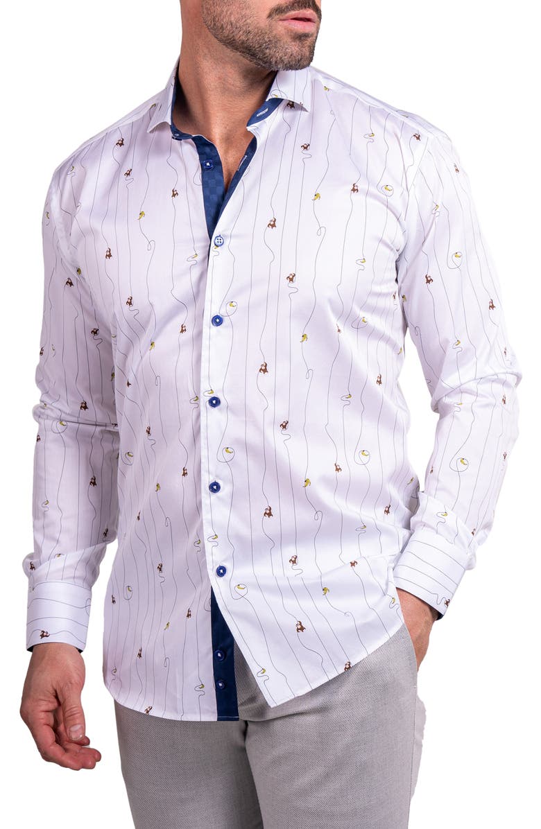 Maceoo Einstein Ascension 0211 Monkey Print Contemporary Fit Button-Up Shirt, Alternate, color, White