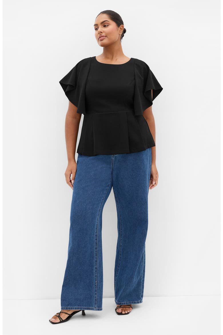 Flutter Sleeve Peplum Top, Alternate, color, BLACK