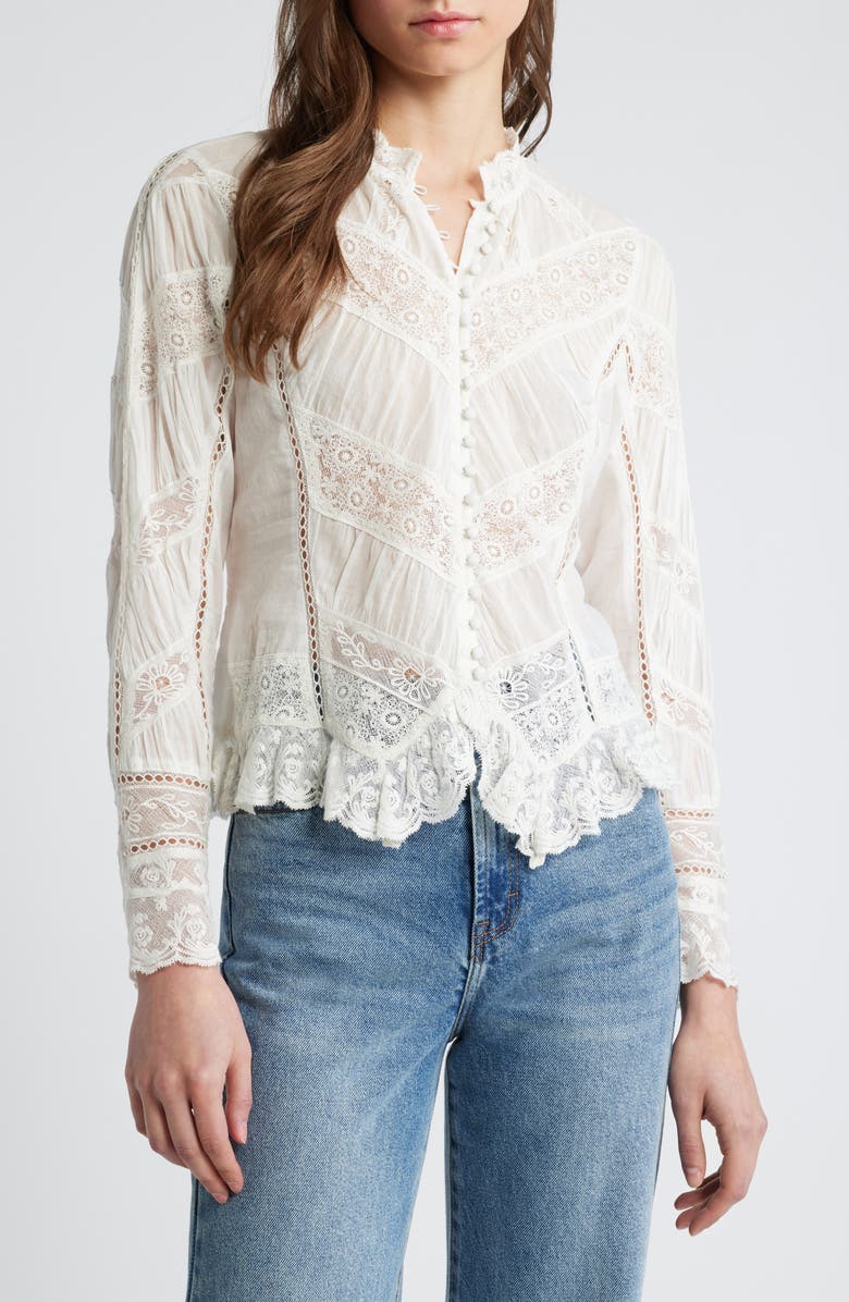 LoveShackFancy Beline Lace Inset Cotton Button-Up Shirt, Main, color, 