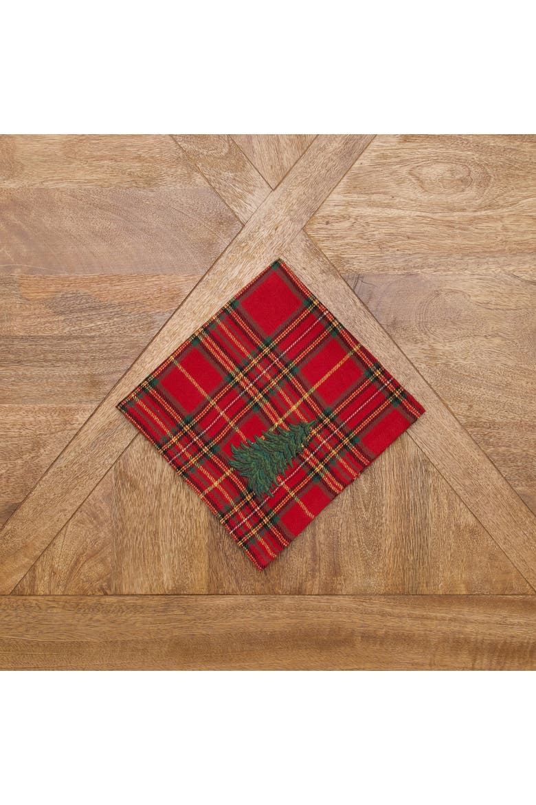 Spruce Tree Embroidery on Plaid Set of 6 Cloth Napkins, Alternate, color, Red