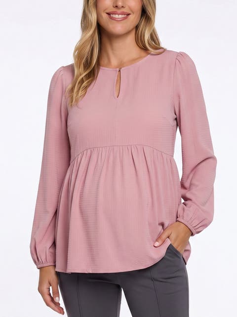 Long Sleeve Empire Waist Keyhole Woven Blouse