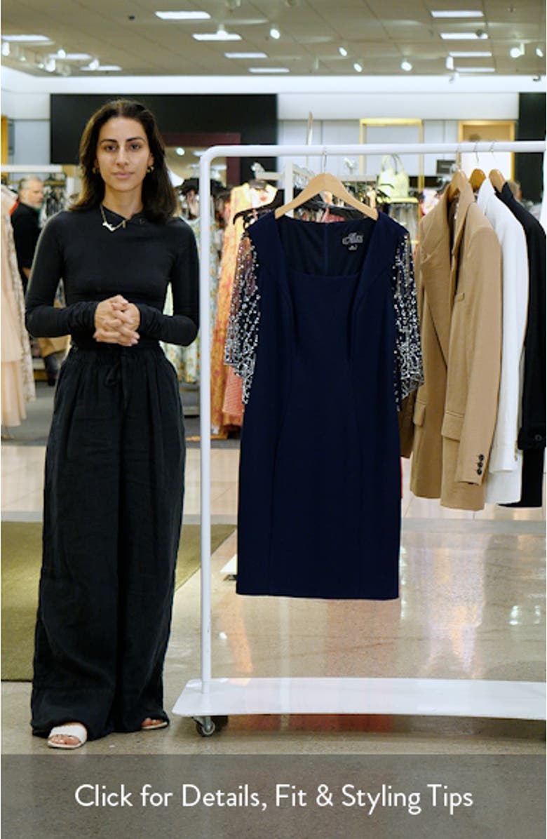 Beaded Sleeve Stretch Crepe Cocktail Sheath Dress, sales video thumbnail