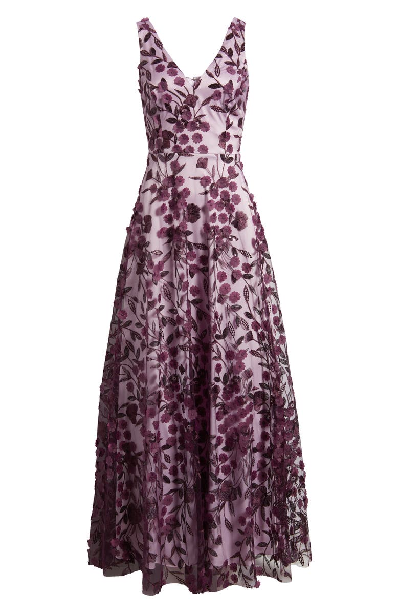Eliza J Floral Appliqué Sleeveless Gown, Alternate, color, Plum Combo