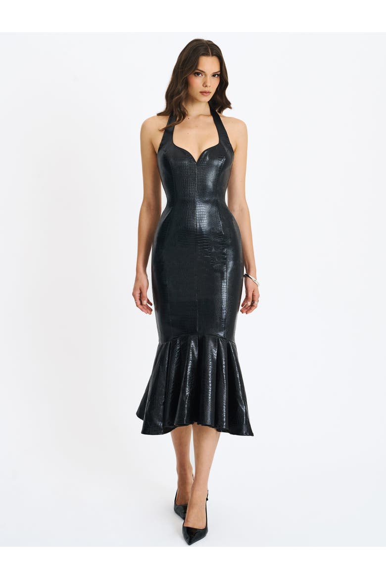 Gardenia Faux Leather Midi Sweetheart Halter Flared Dress, Alternate, color, Black