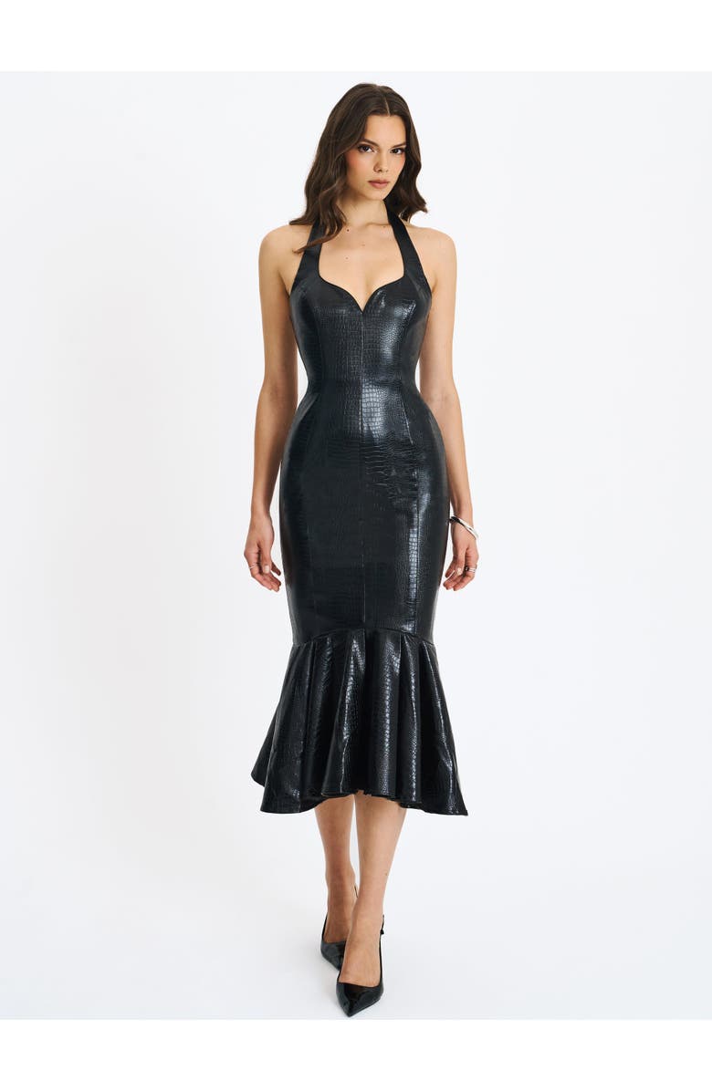 Miss Circle Gardenia Faux Leather Midi Sweetheart Halter Flared Dress, Alternate, color, Black