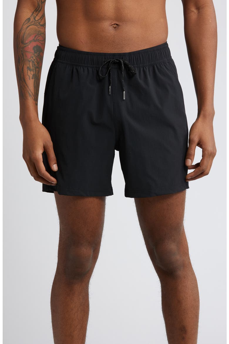 The Bungalow Water Repellent Swim Trunks, Main, color, BLACK