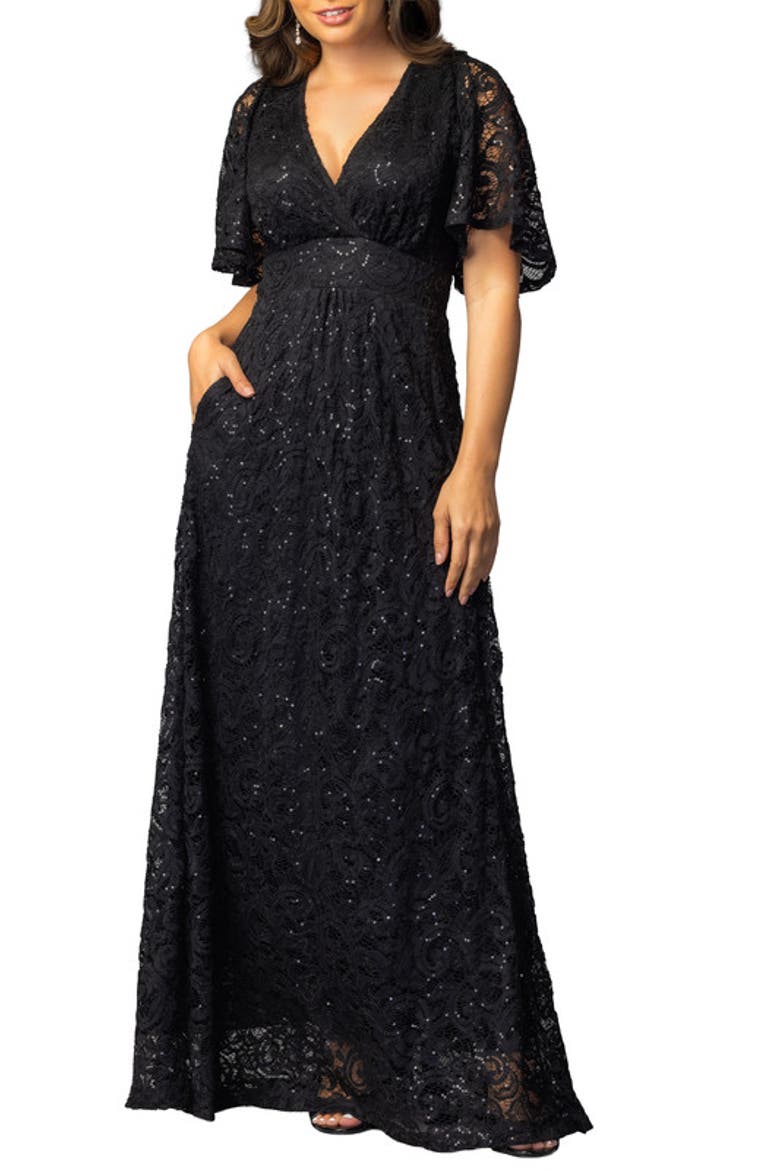 Luminous Sequin Lace Evening Gown, Main, color, Onyx