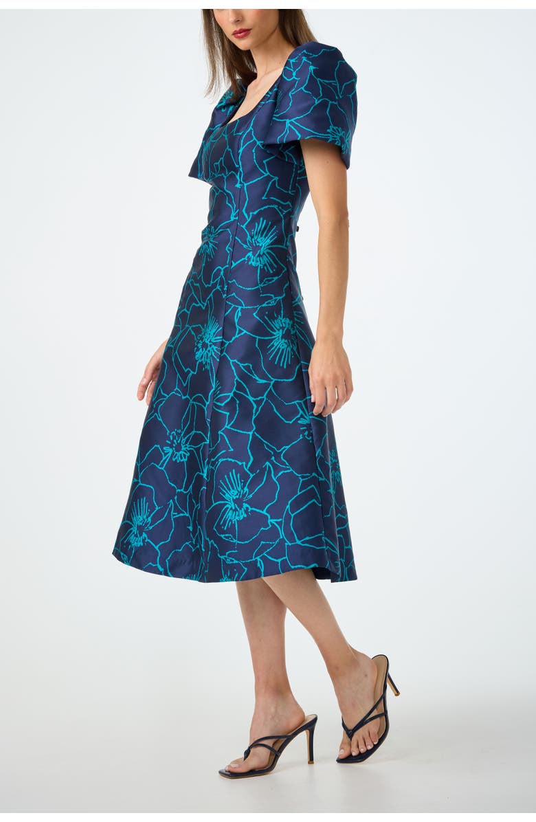 Trina Turk Valla Square Neck Jacquard Midi Dress, Alternate, color, Tidewater Teal/Ink