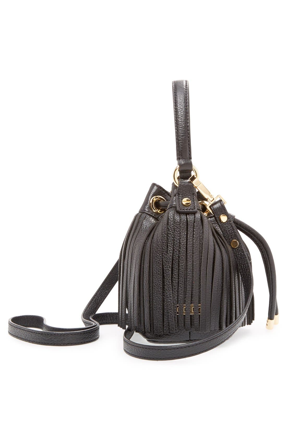 'Small Essex' Fringed Leather Bucket Bag, Alternate, color, BLACK