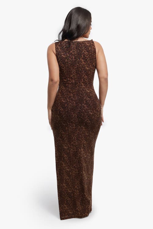 Popilush Shapewear Cowl Neck Leopard Ruched Sculpting Maxi Dress In Leopard Brown