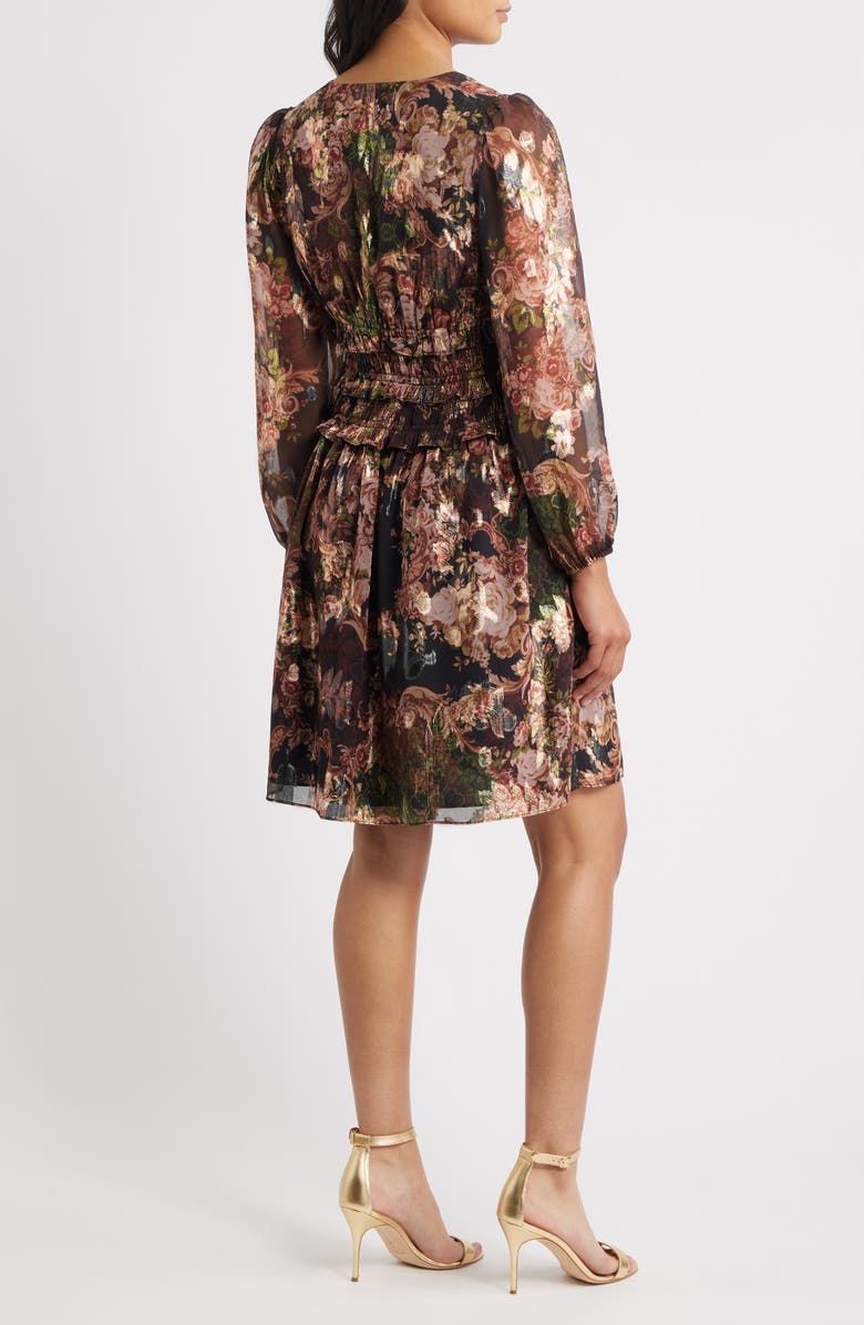 Eliza J Metallic Floral Long Sleeve Dress, Alternate, color, Black Multi
