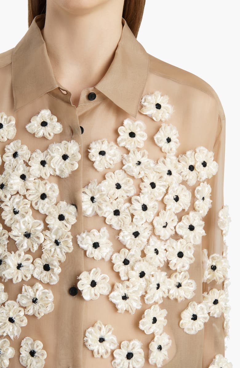 Khaite Argo Floral Appliqué Sheer Silk Organza Button-Up Shirt, Alternate, color, Tea Stain Scatter