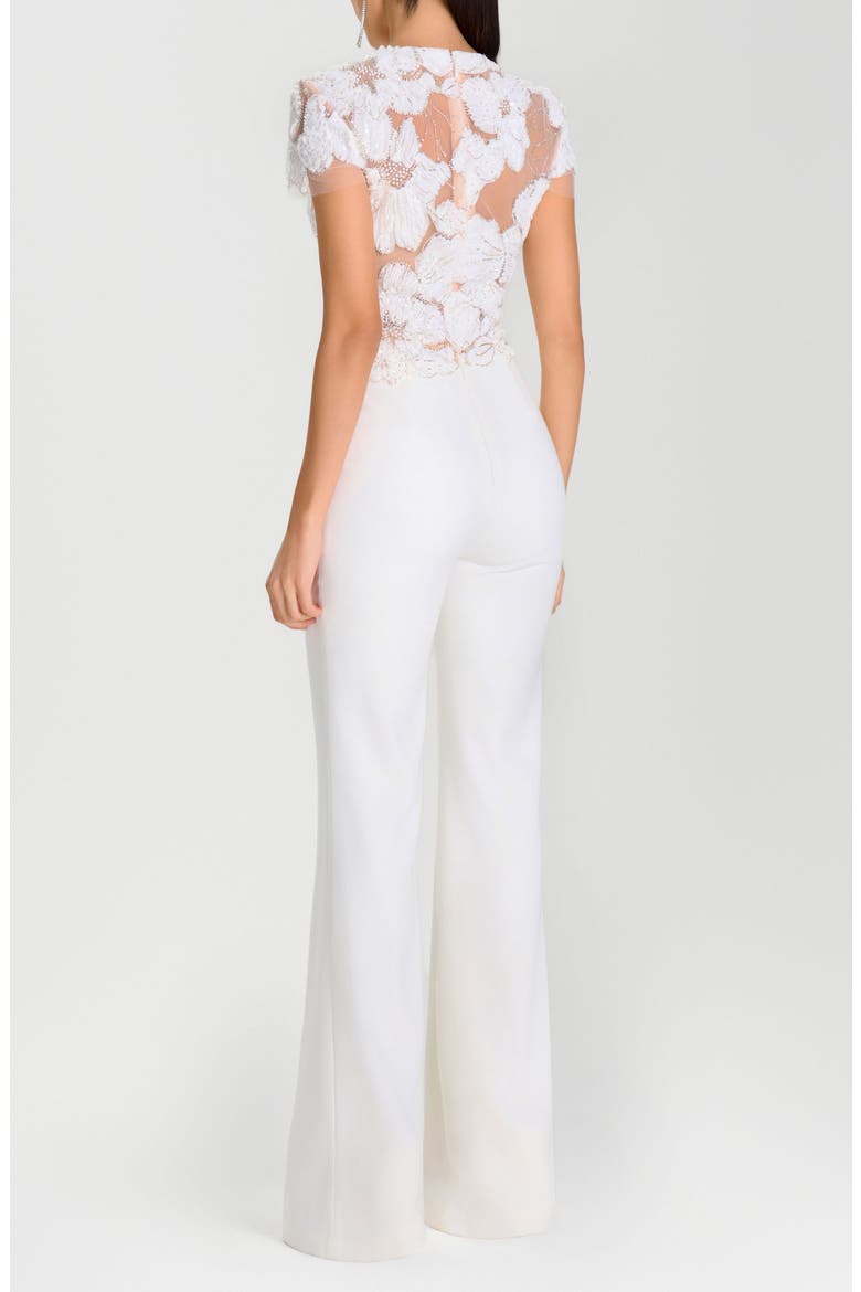 Sloane Beaded Floral Appliqué Wide Leg Cocktail Jumpsuit, Alternate, color, WHITE
