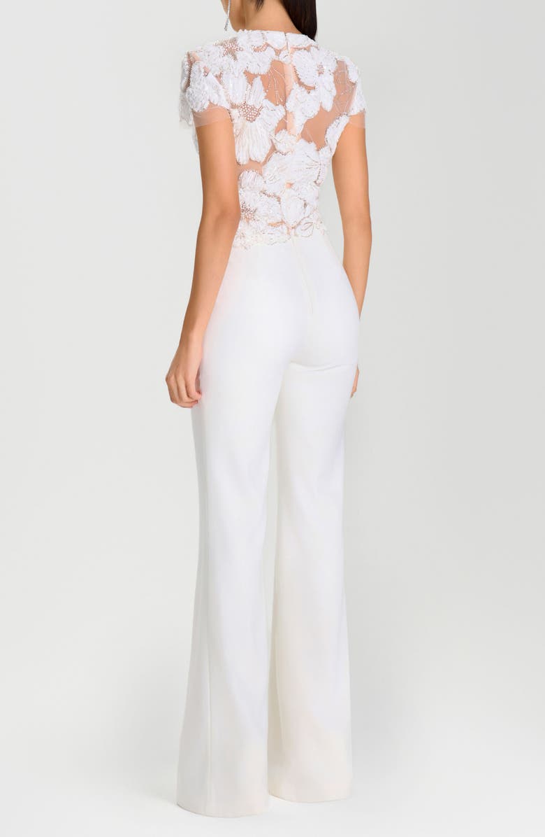 NADINE MERABI Sloane Beaded Floral Appliqué Wide Leg Cocktail Jumpsuit, Alternate, color, White
