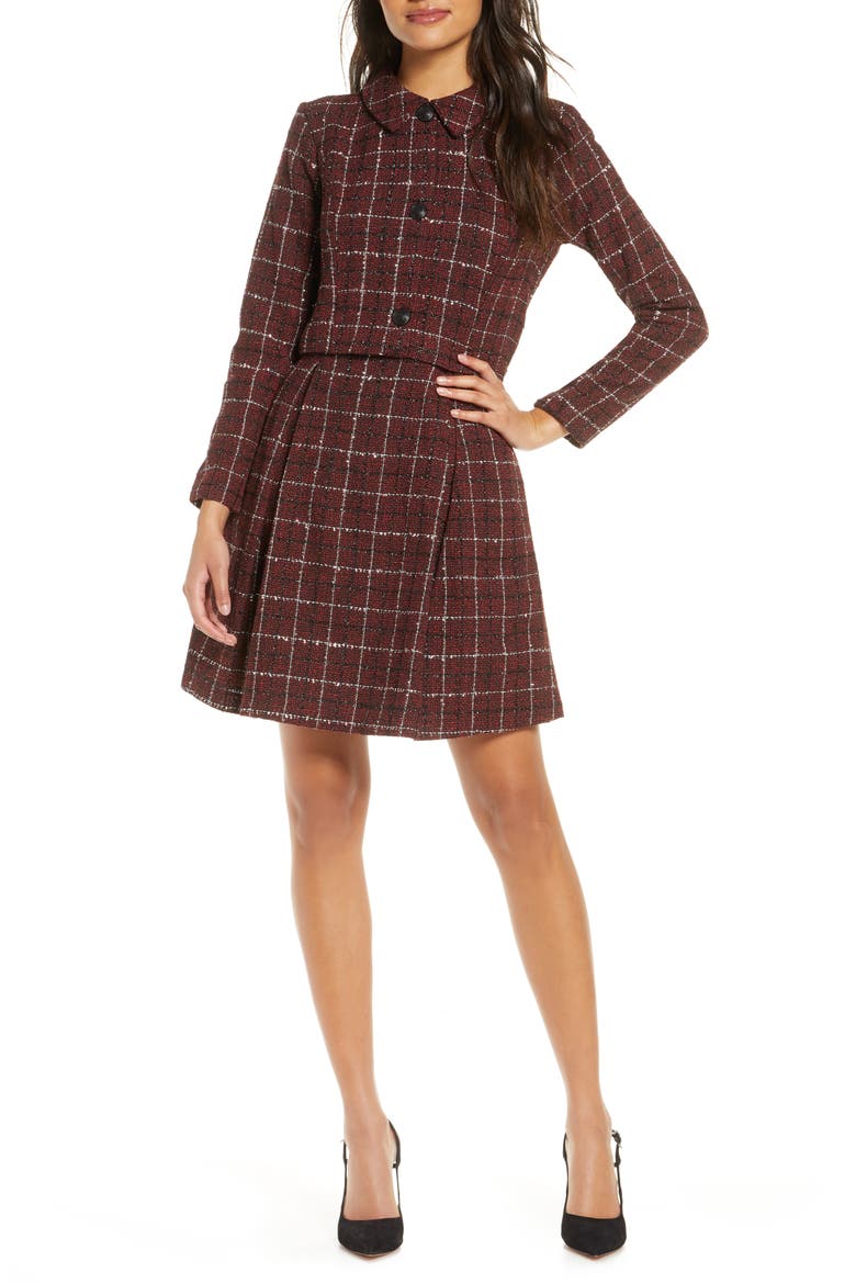 Long Sleeve Mock Two-Piece Tweed Dress, Main, color, RED/ BLACK