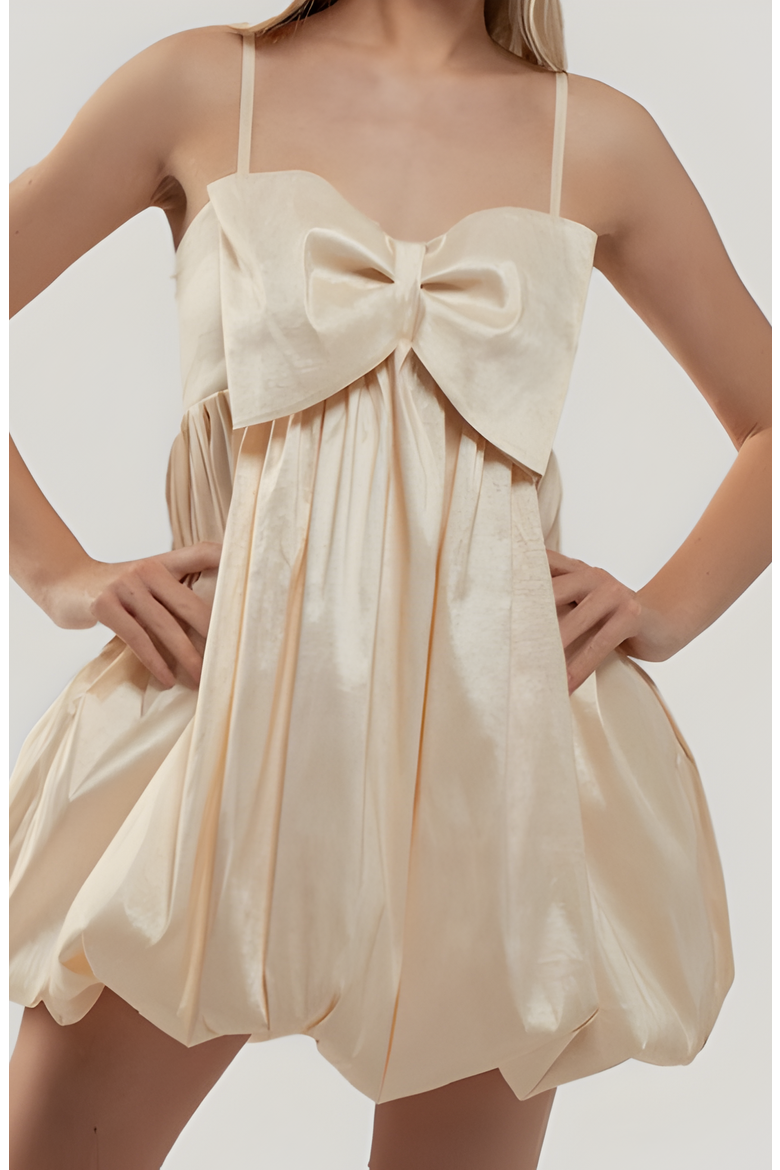 Mini Dress with Bow and Bubble Hem, Alternate, color, Light Beige