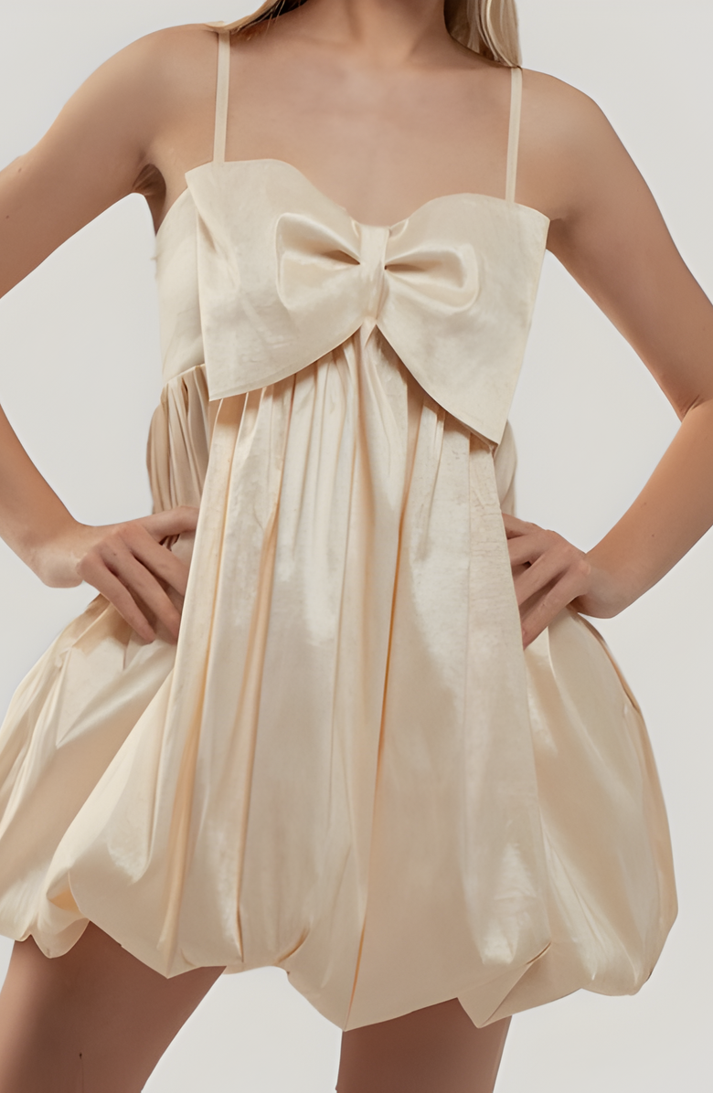 Modenaire Mini Dress with Bow and Bubble Hem, Alternate, color, Light Beige
