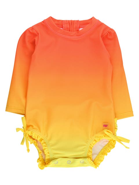 UPF50+ Sun Protected Neon Long Sleeve One Piece Rash Guard Swimsuit, with Signature Rear Ruffles