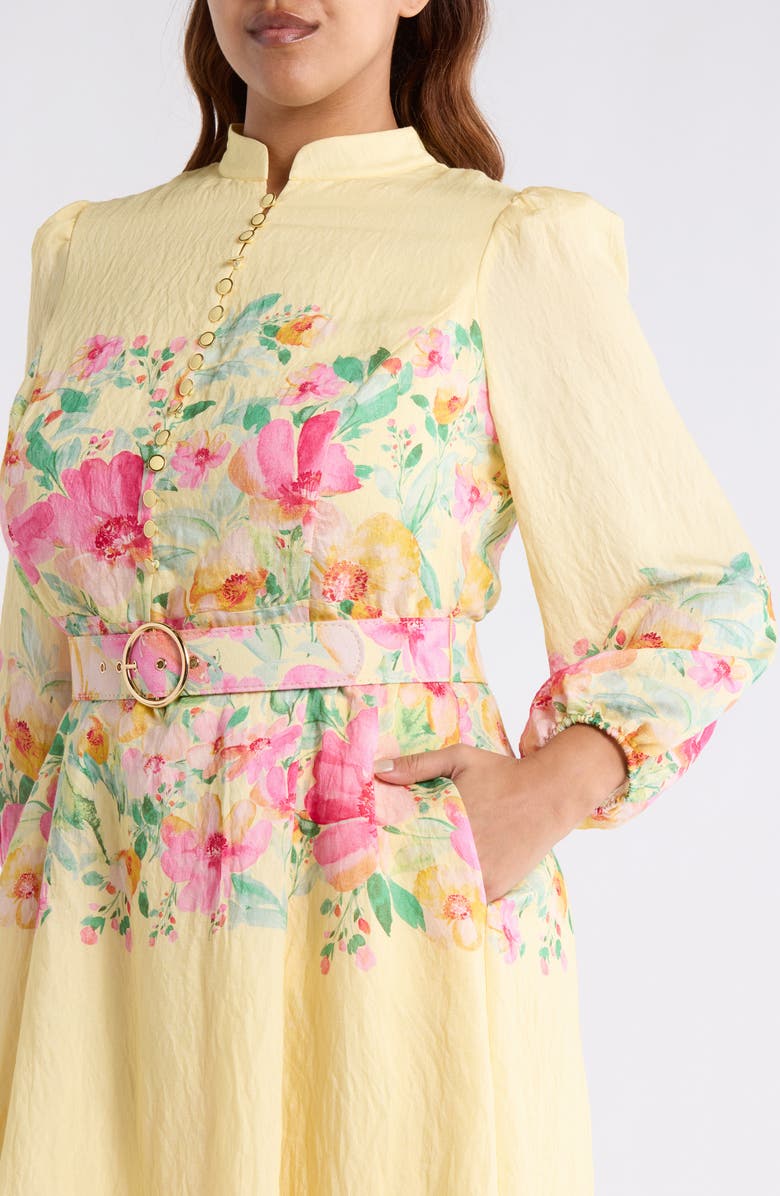 Tahari ASL Placed Floral Long Sleeve Dress, Alternate, color, Buttercup Multi