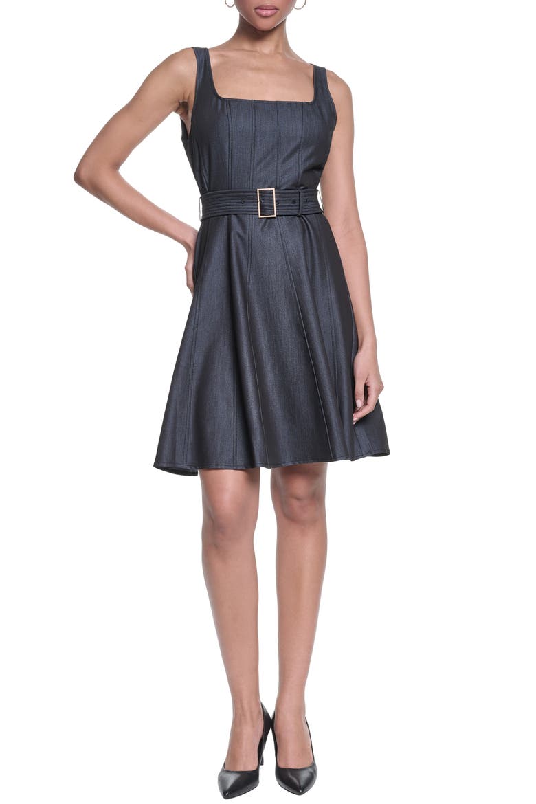 Belted Denim Fit & Flare Dress, Main, color, INDIGO