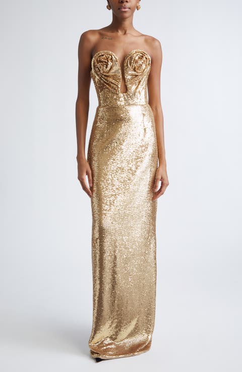 Rosette Bodice U-Neck Strapless Sequin Gown