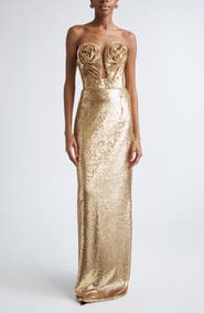 Carolina Herrera Rosette Bodice U-Neck Strapless Sequin Gown