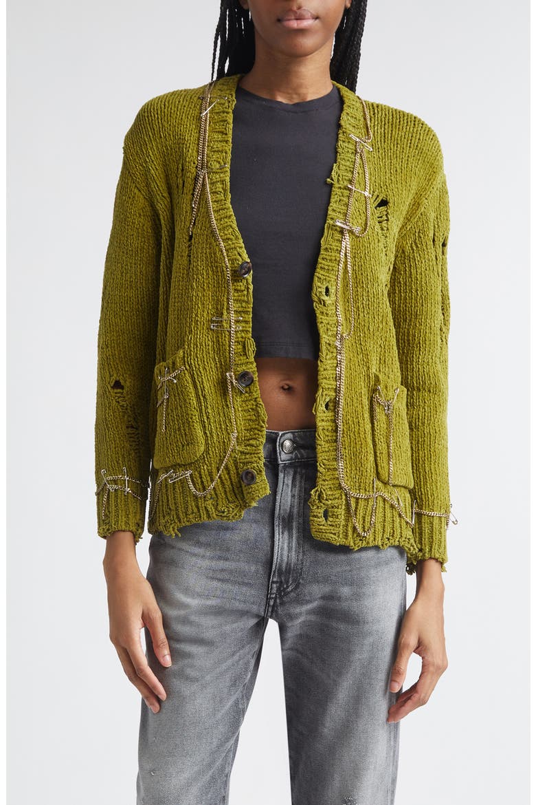 Safety Pin Chain Detail Ripped Cotton Cardigan, Main, color, LIGHT GREEN