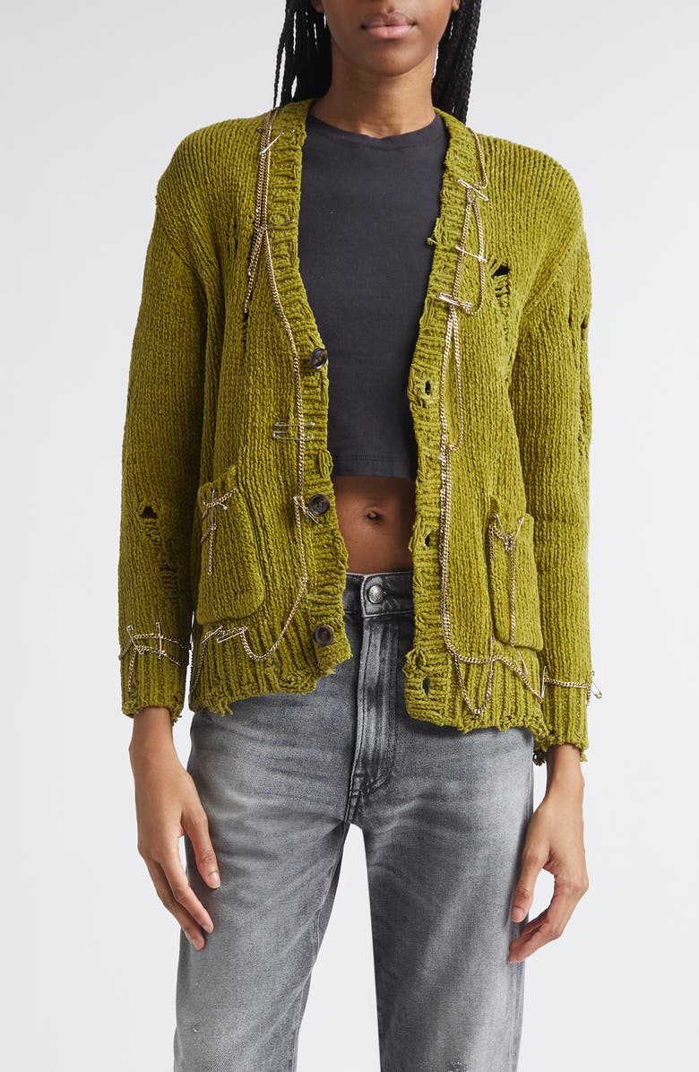 R13 Safety Pin Chain Detail Ripped Cotton Cardigan, Main, color, Light Green